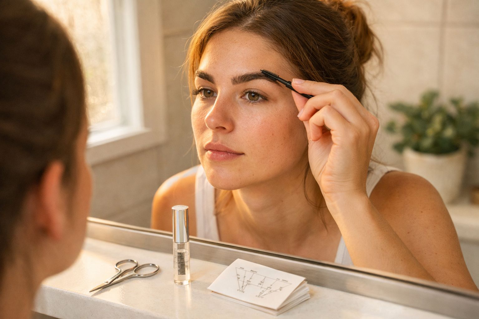 Mulher aplicando gel nas sobrancelhas enquanto se olha no espelho do banheiro.