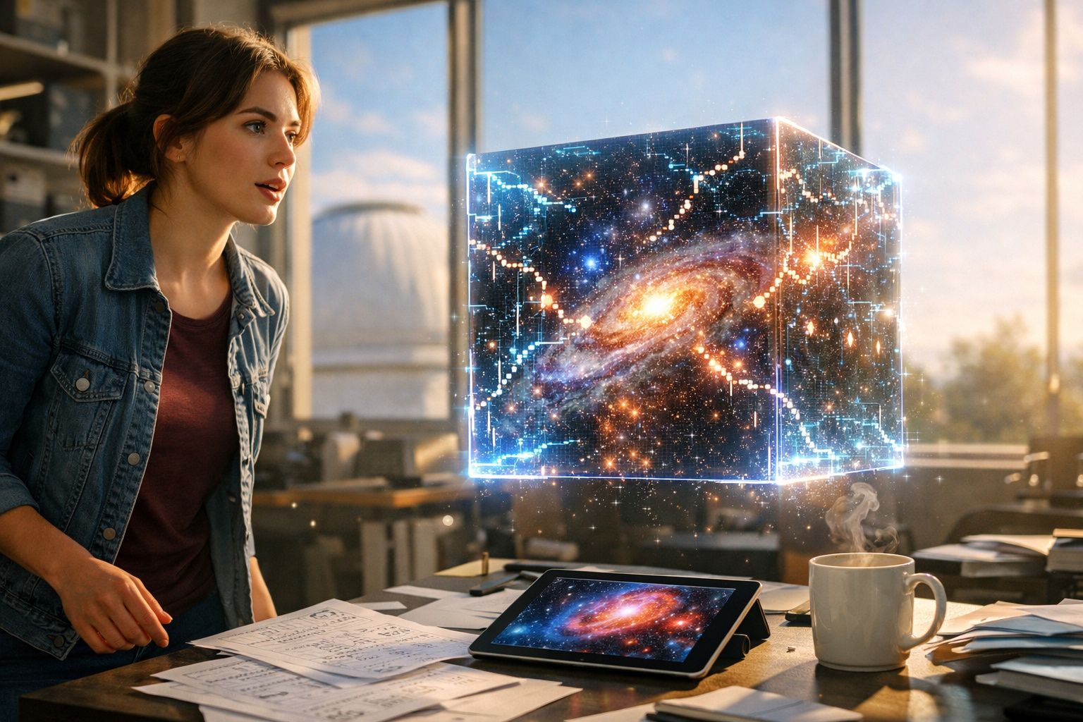 Mulher observa cube holográfico com galáxias flutuante sobre mesa com tablet e café em ambiente de escritório.