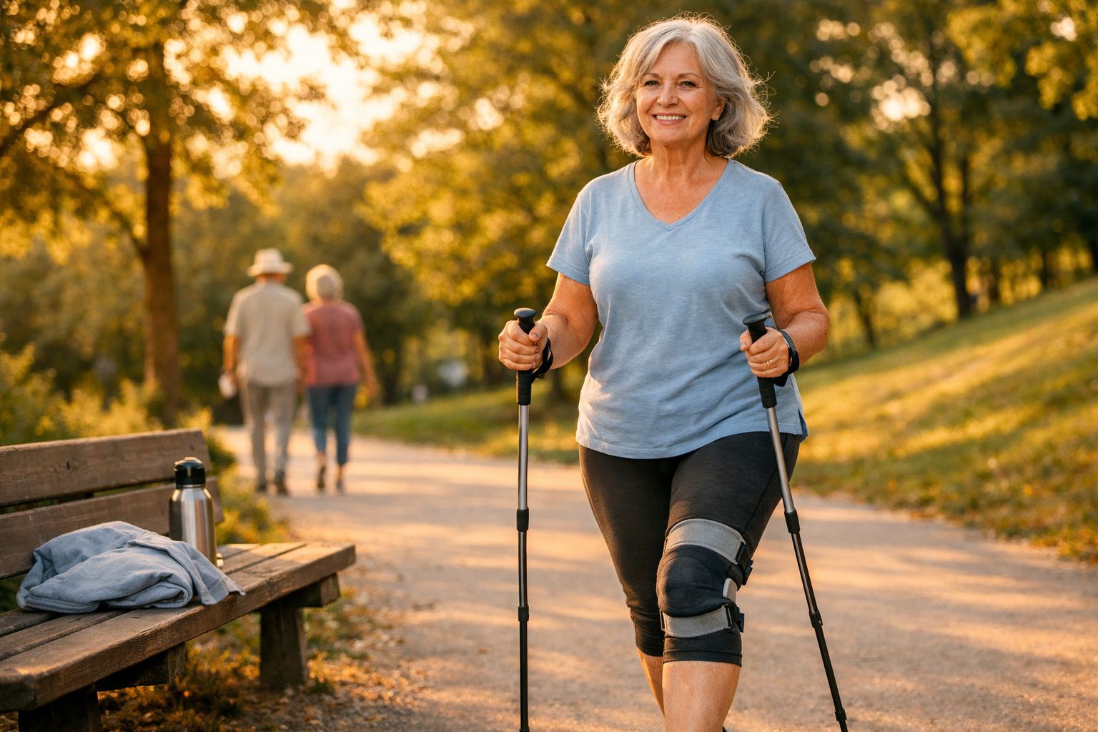 Mulher idosa sorridente caminhando com bengalas em parque ao pôr do sol, usando joelheira.