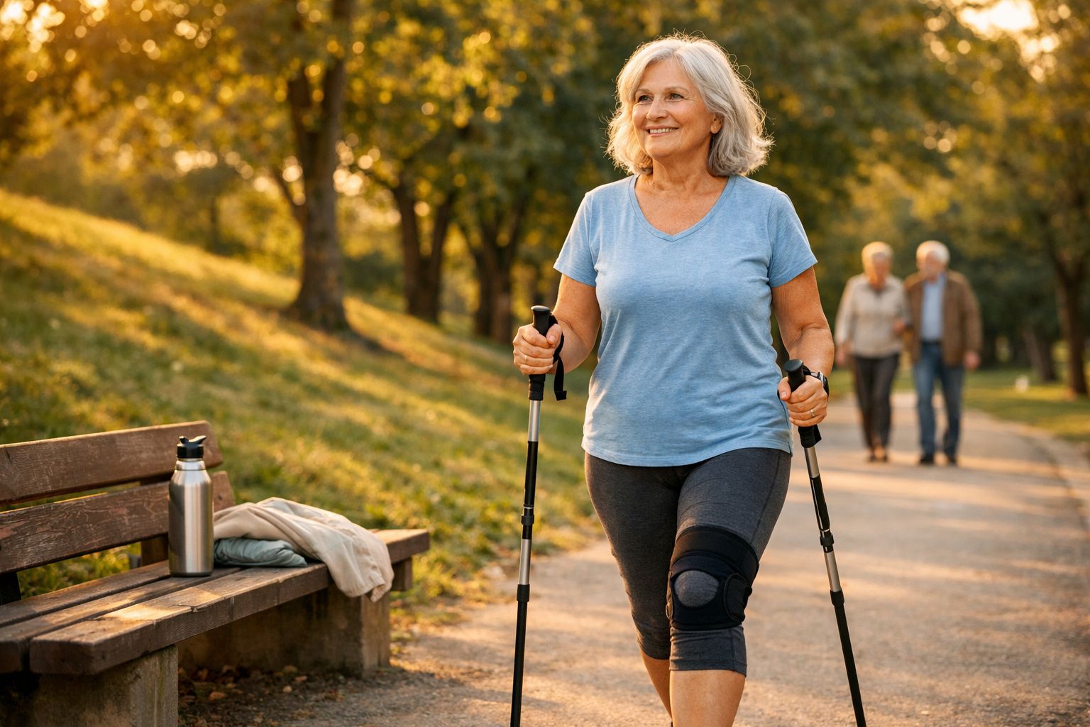 Mulher idosa caminhando com bengalas em parque ensolarado, com duas pessoas ao fundo.