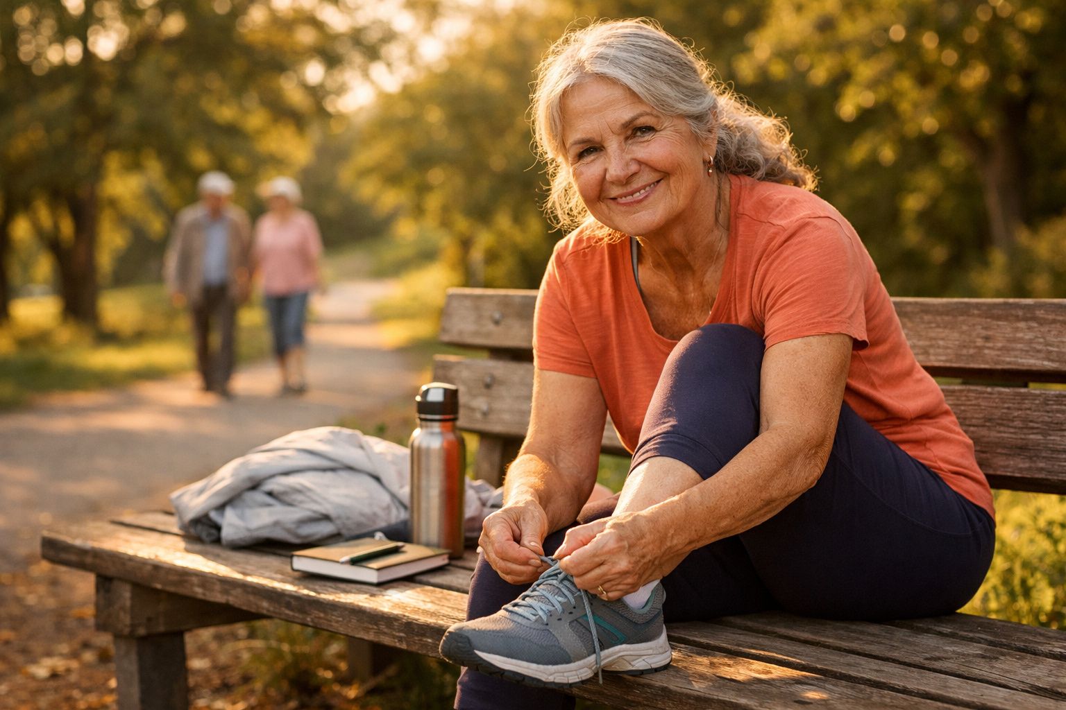 Mulher idosa sentada em banco de parque amarrando tênis, com roupas esportivas e sorriso no rosto.