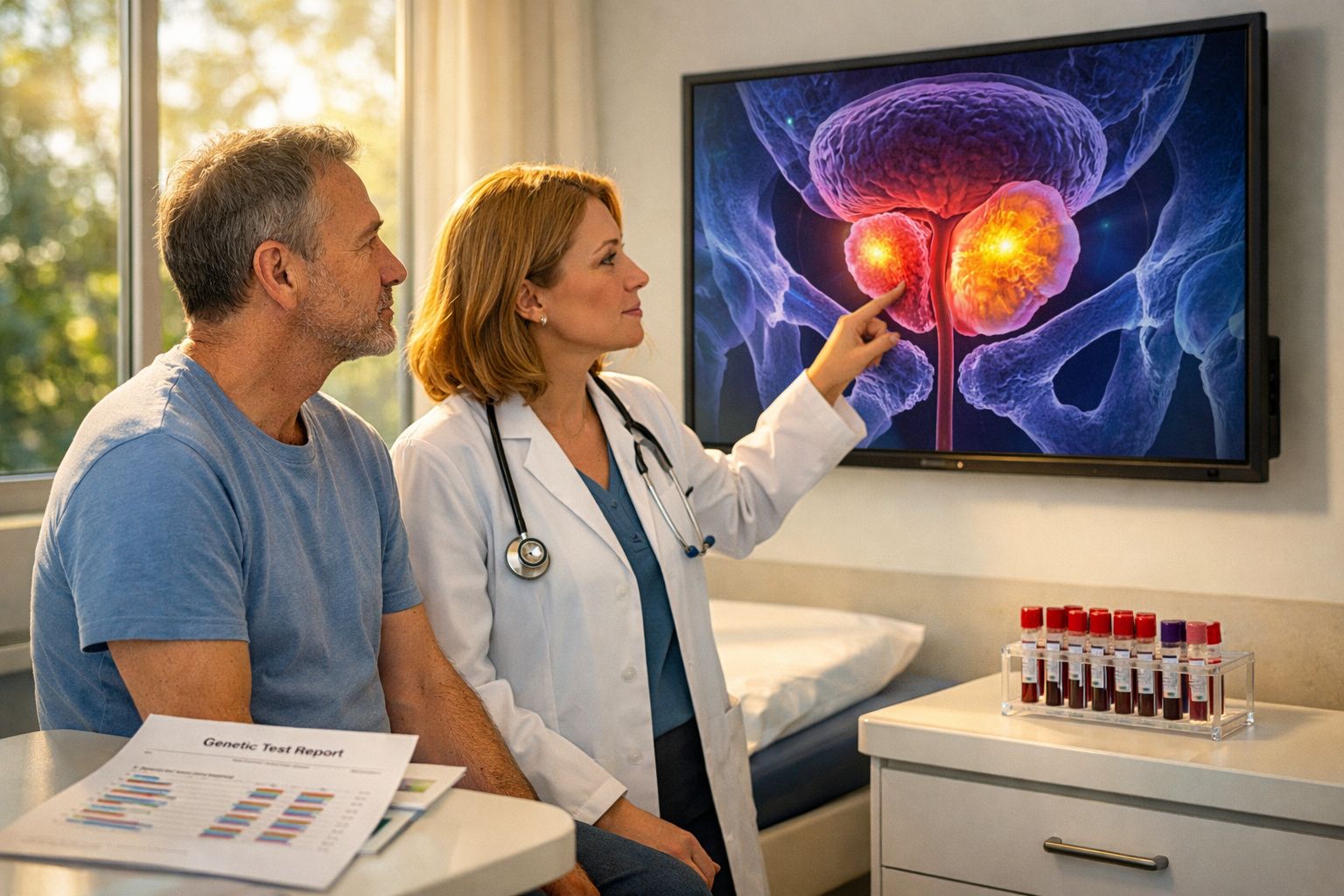 Médica explica exame para paciente masculino com imagem de próstata inflamada na tela do consultório.