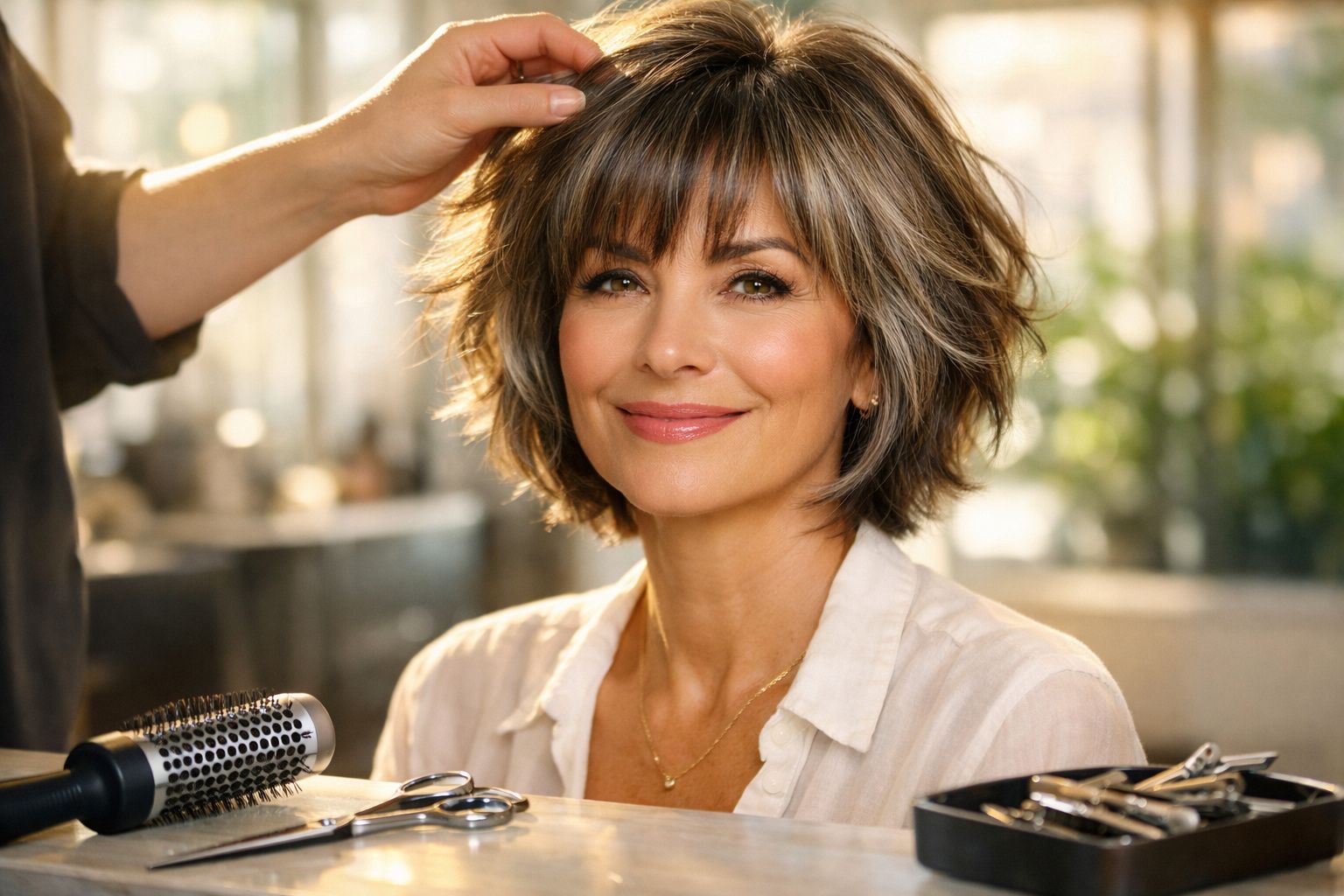 Mulher sorridente com cabelo curto em salão de beleza, com mãos de cabeleireiro ajeitando seu cabelo.