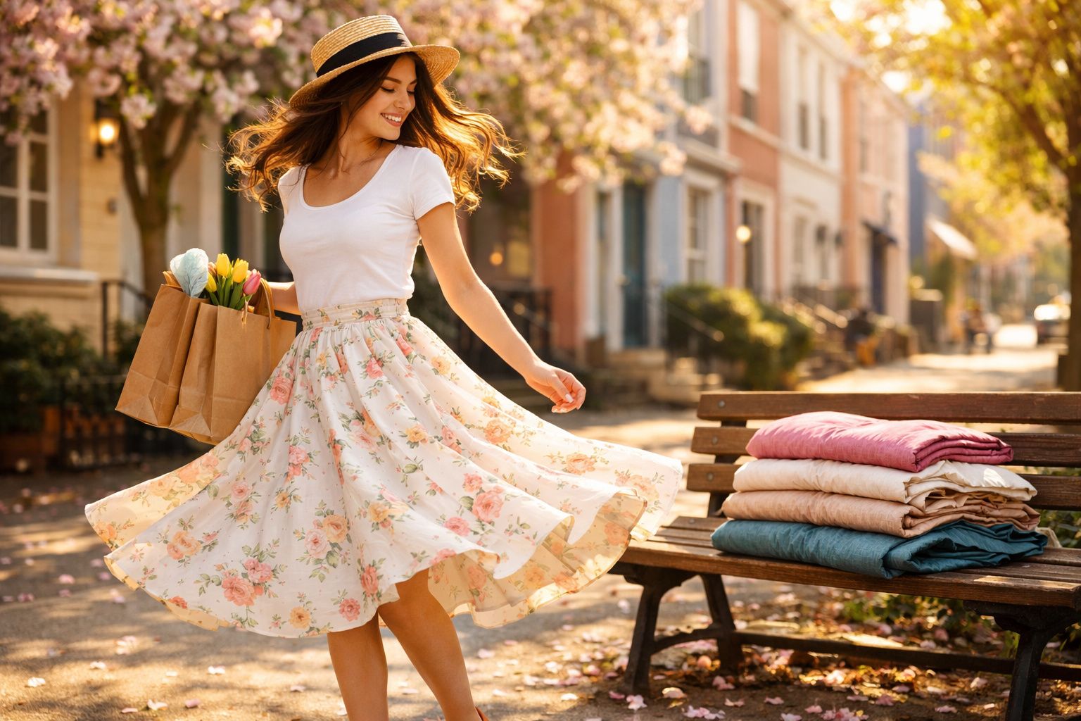 Mulher sorridente com saia florida rodando na rua, segurando sacola com flores ao lado de banco com roupas.