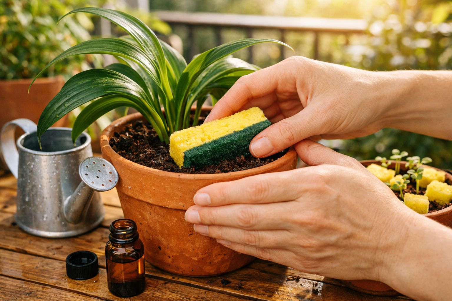 Pessoa usando esponja para cuidar de planta dentro de vaso de barro em mesa de madeira.