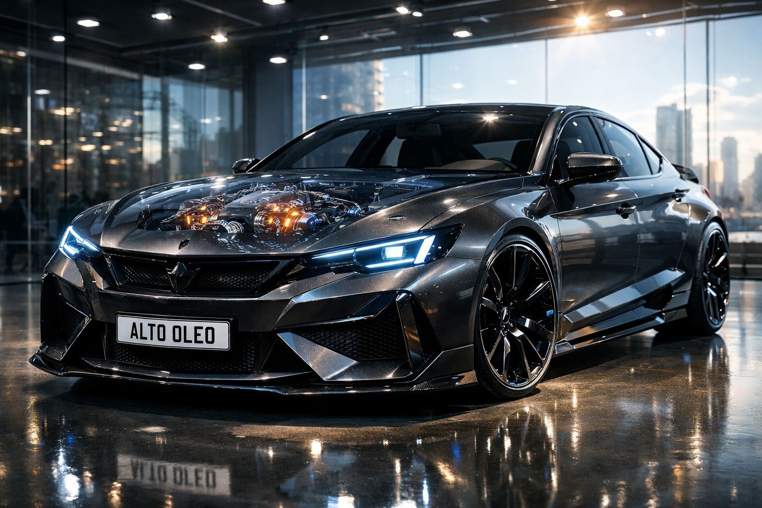 Carro esportivo preto em ambiente interno com motor visível através do capô transparente e faróis acesos.