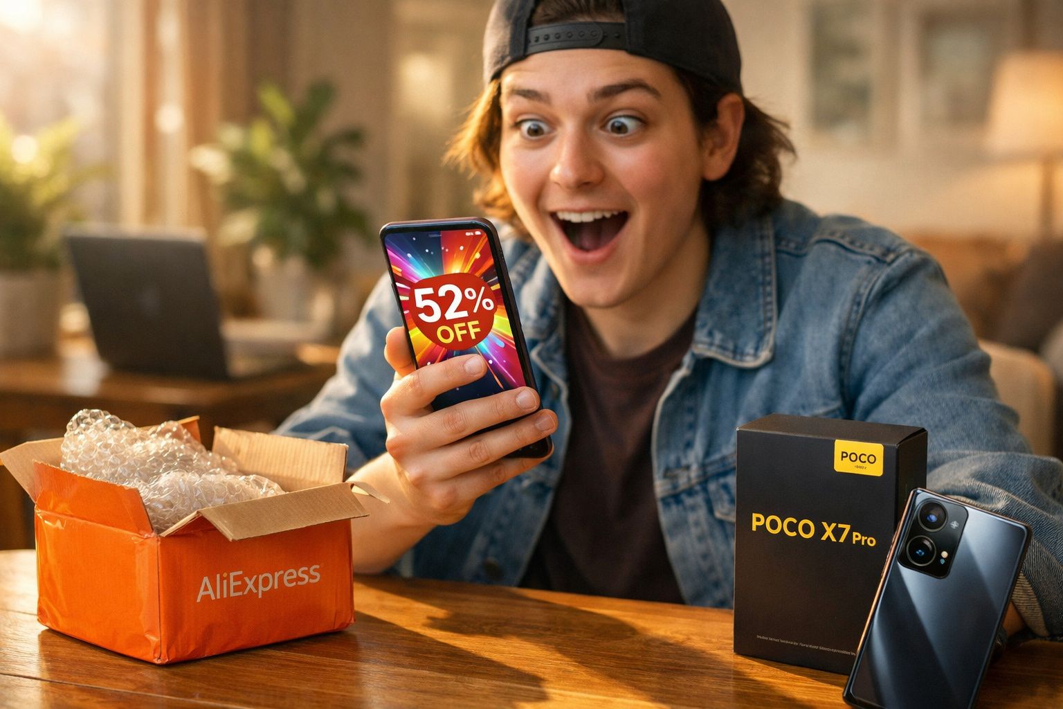 Pessoa surpresa segurando celular mostrando promoção de 52% de desconto com caixa da AliExpress e smartphone POCO X7 Pro.