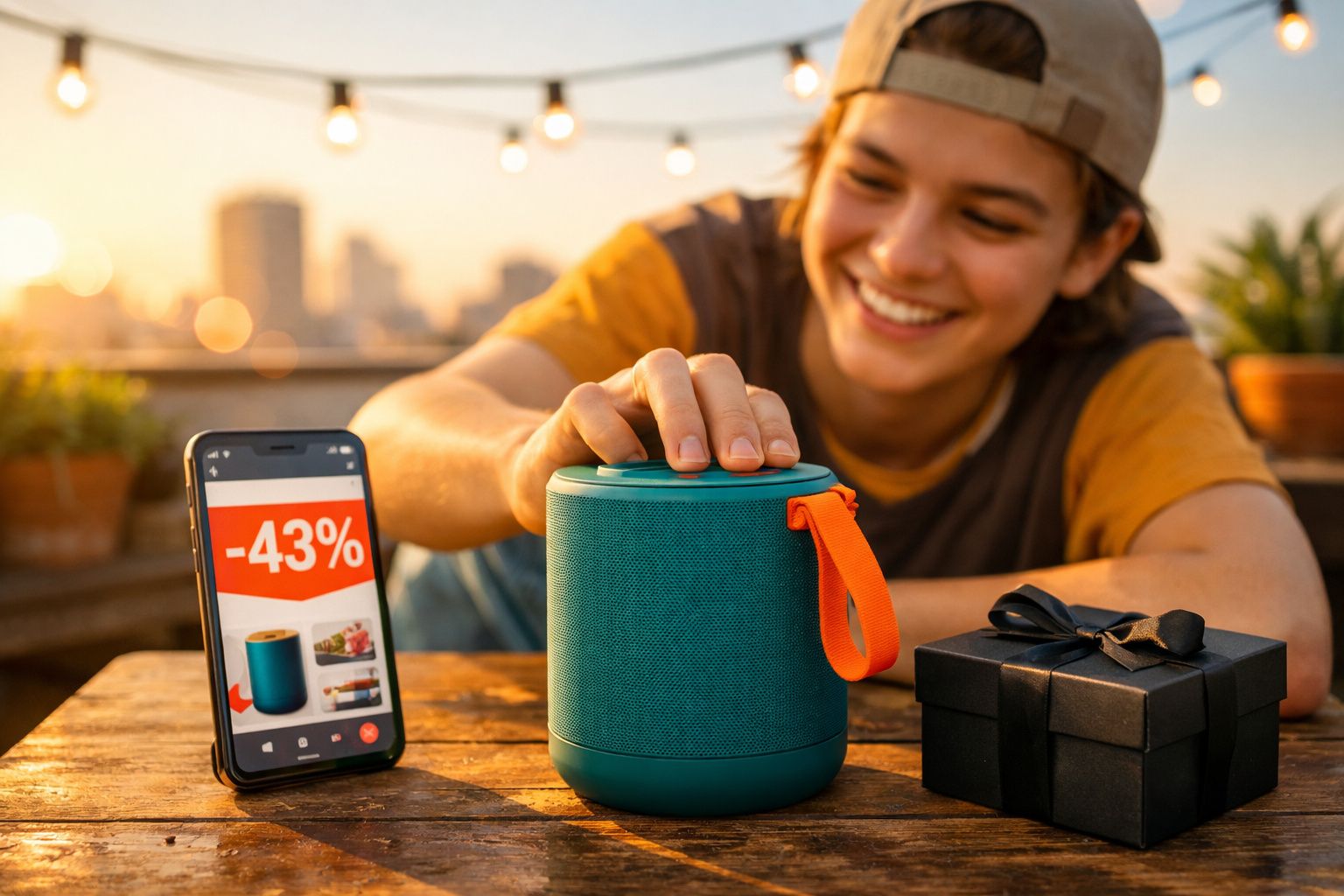 Pessoa sorridente usando boné manuseia caixa de som portátil ao lado de celular com promoção e caixa de presente preta.