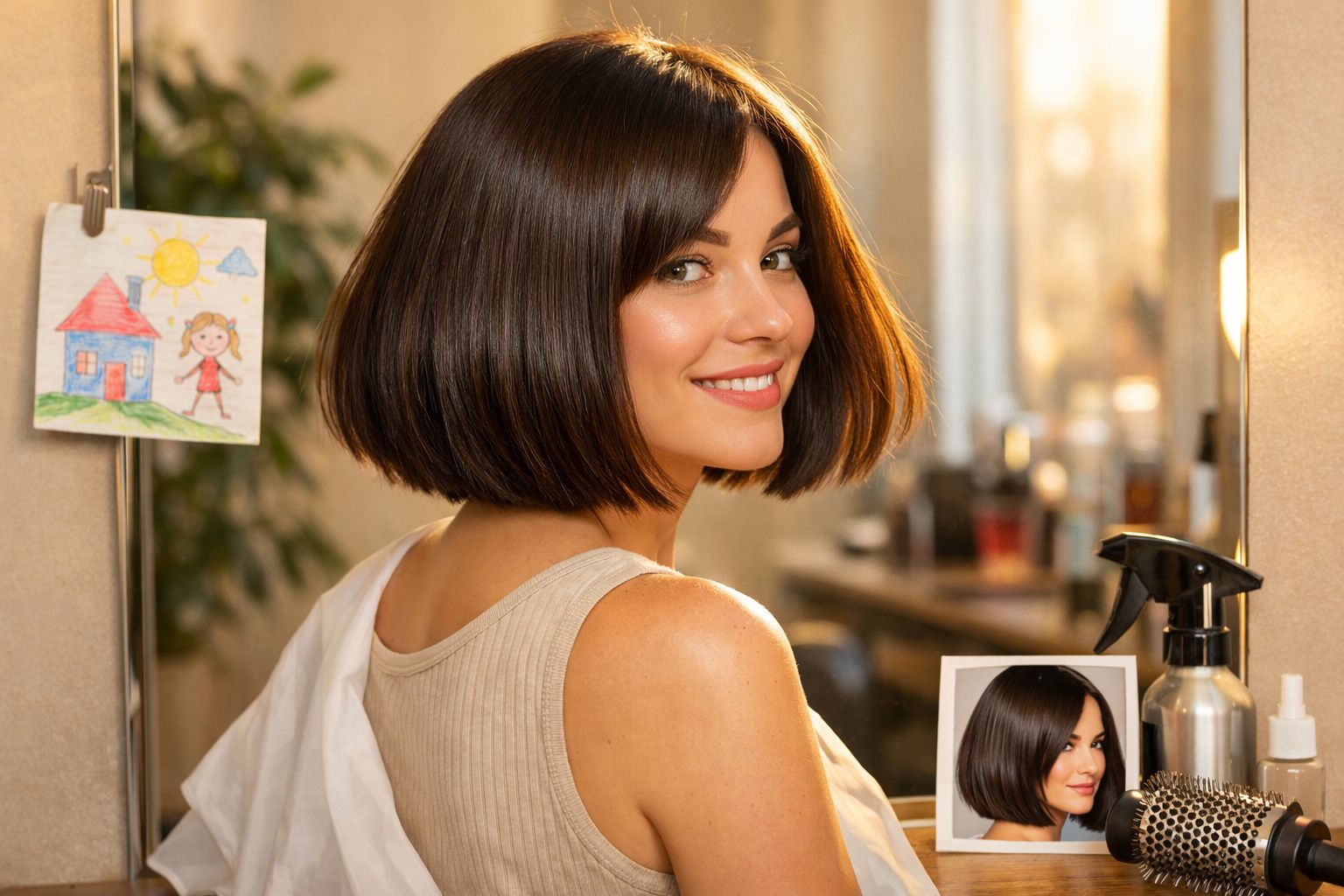 Mulher sorrindo com corte de cabelo bob, sentada em frente a um espelho com desenho infantil ao lado.