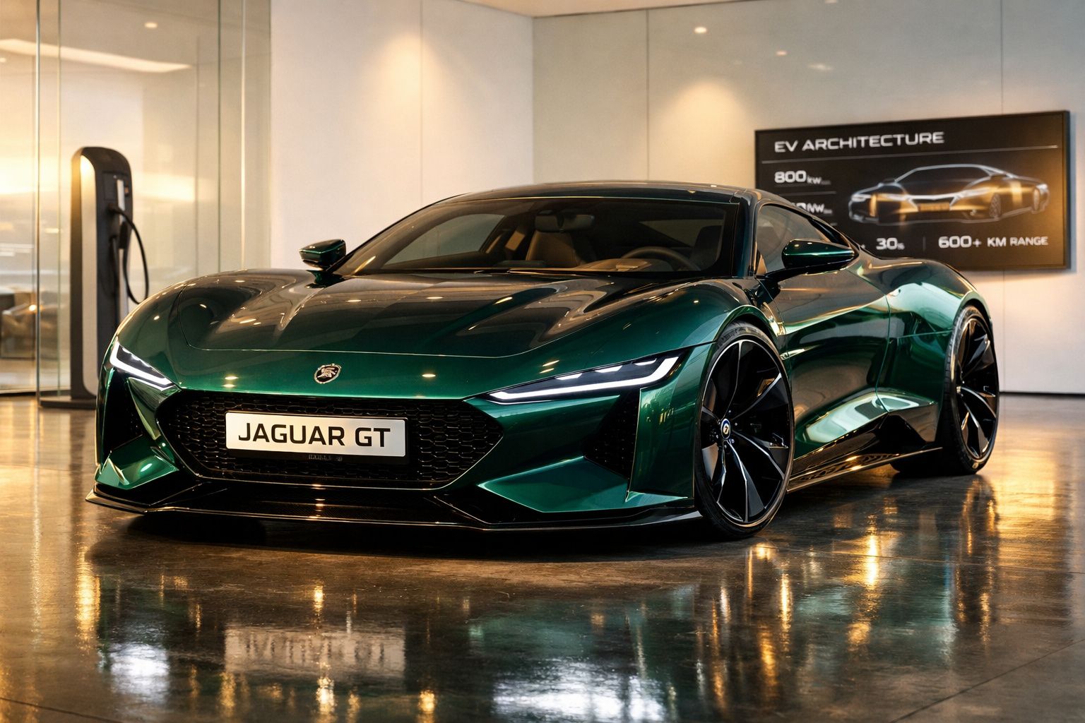 Carro esportivo elétrico Jaguar GT verde em showroom com iluminação refletida no chão brilhoso.