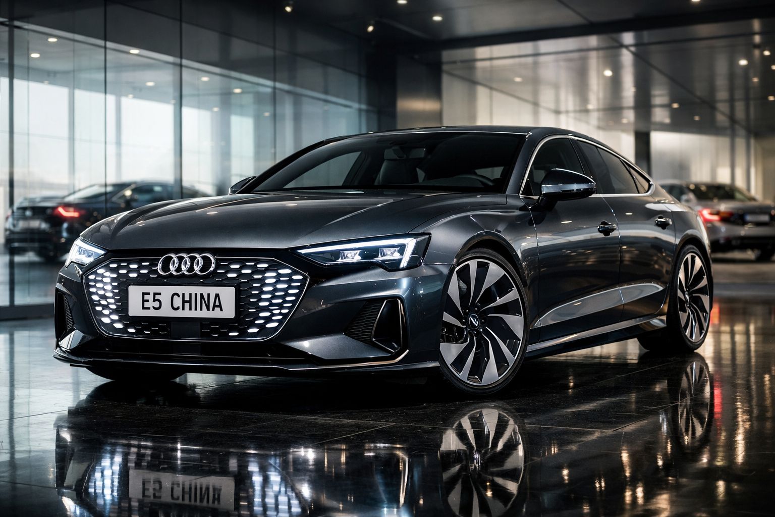 Carro Audi cinza escuro esportivo estacionado em ambiente interno com piso refletivo e paredes de vidro.