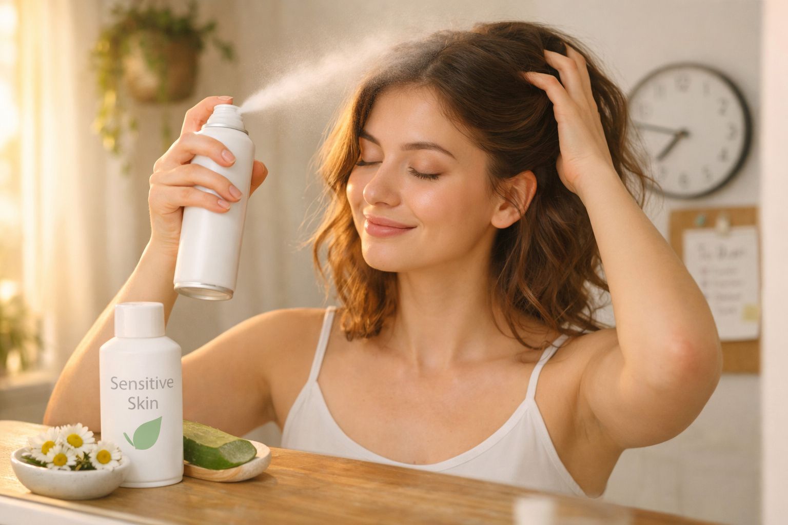 Mulher aplicando spray no cabelo, com frascos de produtos para pele sensível sobre a mesa.