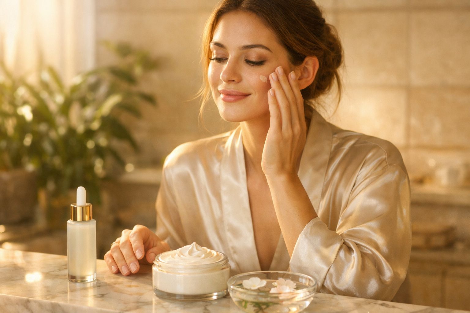 Mulher sorridente aplicando creme facial, com frascos de produtos de beleza sobre mesa em ambiente iluminado.