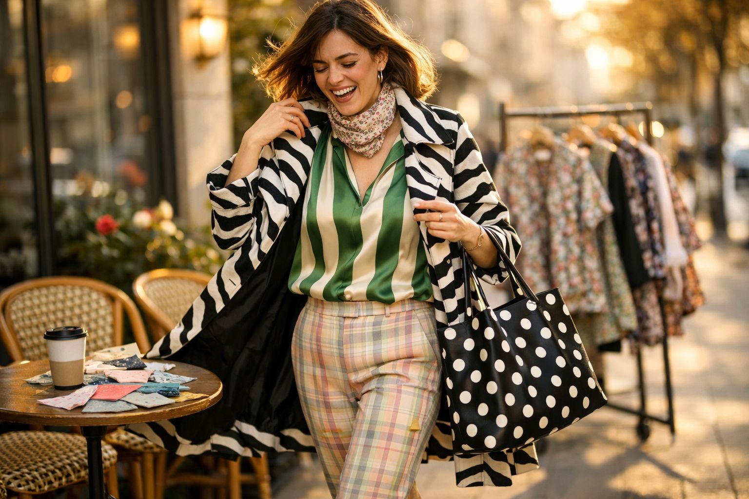 Mulher sorridente caminha na rua usando roupas coloridas e bolsa preta com bolinhas brancas.