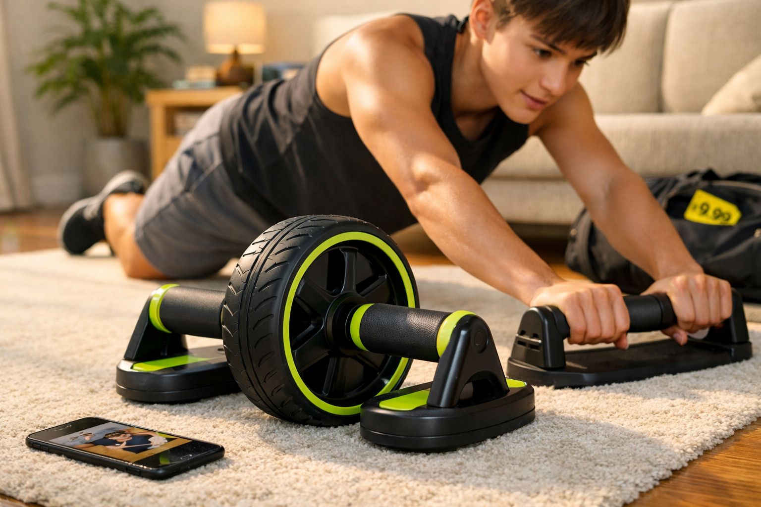 Mulher fazendo exercício com roda abdominal e apoio de flexão no tapete da sala.