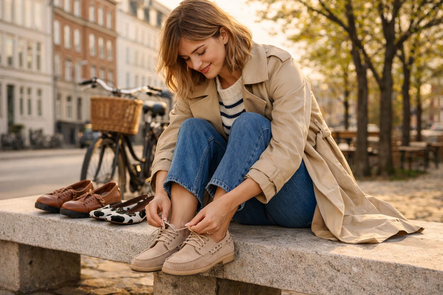 Mulher sentada em banco ao ar livre, amarrando cadarço de sapato casual bege, com outros sapatos ao lado.