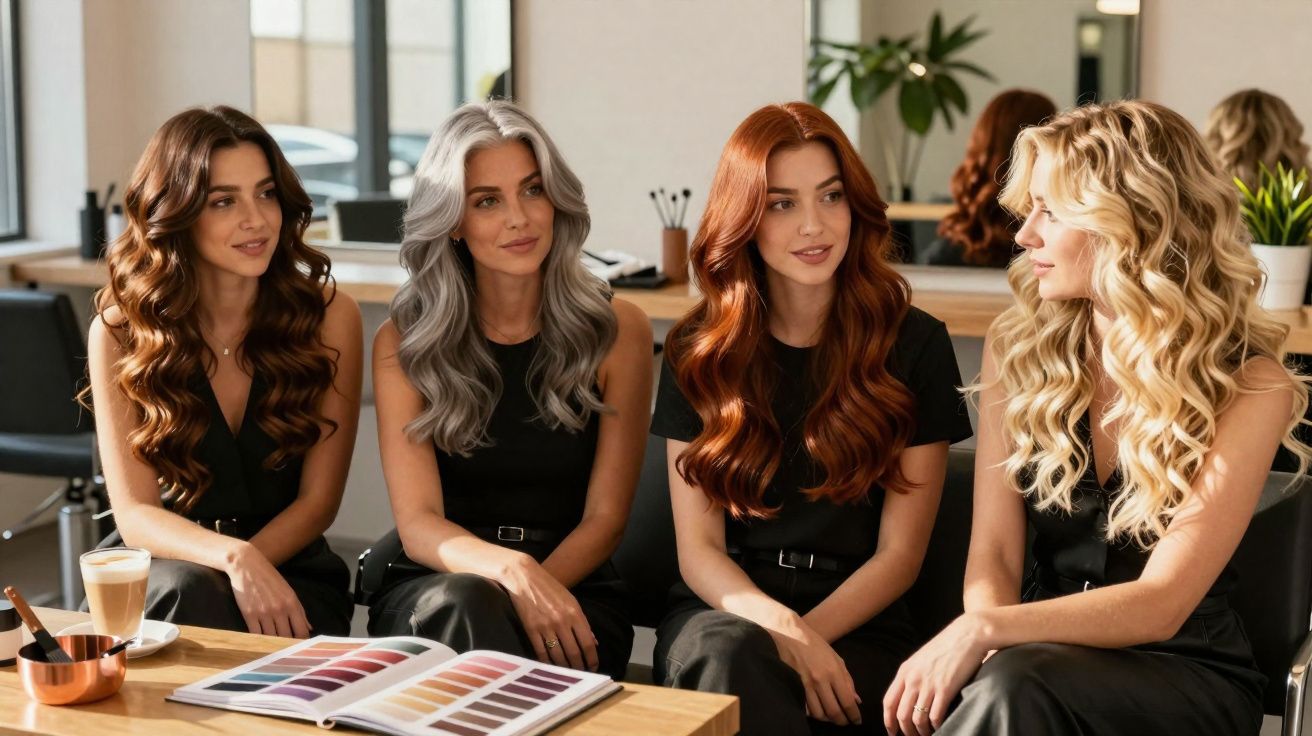 Quatro mulheres com cabelos ondulados de cores diferentes sentadas em salão de beleza, conversando e sorrindo.