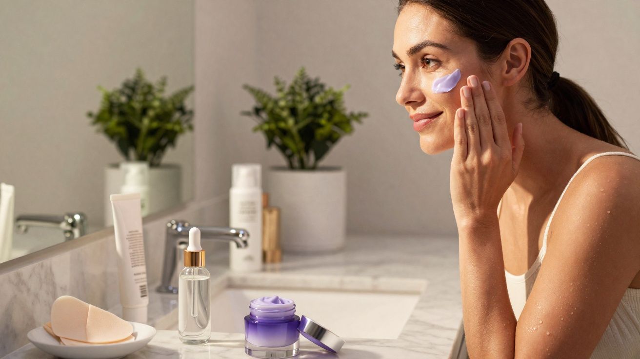 Mulher aplicando creme facial lilás, sentada em frente à pia com produtos de skincare sobre o balcão.