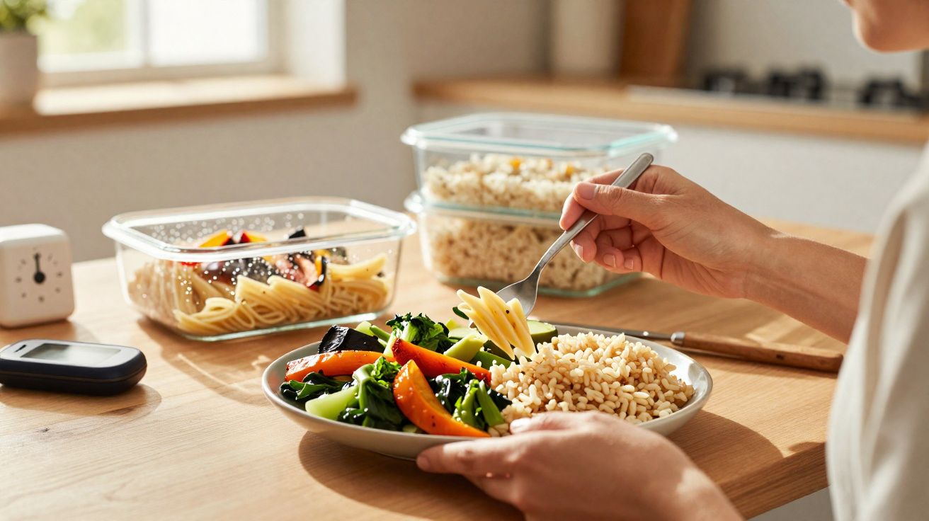Pessoa comendo prato com arroz integral, vegetais cozidos e macarrão, em mesa com recipientes de armazenamento.