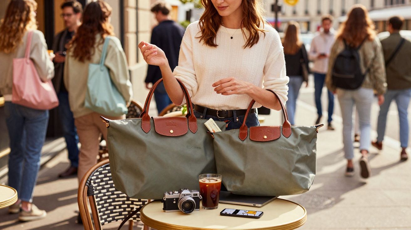 Mulher em mesa de café ao ar livre segura duas bolsas grandes verdes com detalhes em marrom.