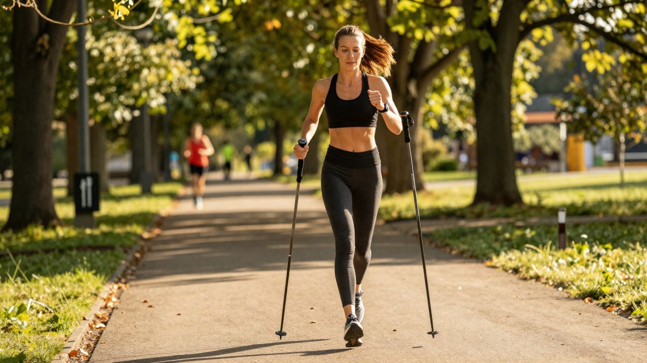 Mulher jovem praticando caminhada com bastões em parque ensolarado, vestindo roupa esportiva preta.