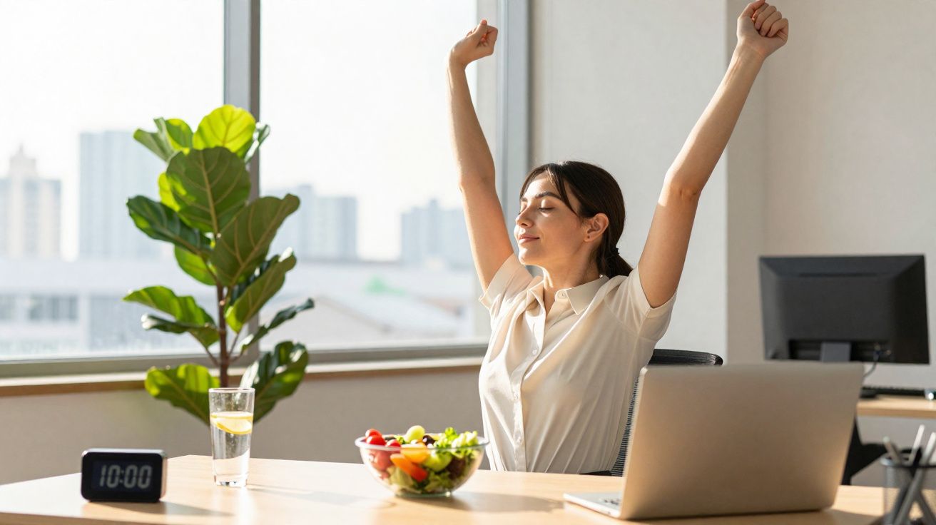 Mulher se espreguiçando sentada em mesa de escritório com laptop, salada, copo d'água e planta ao fundo.