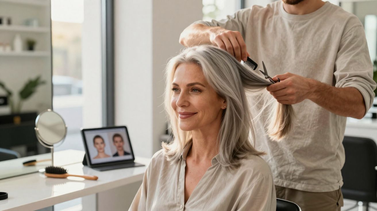 Mulher com cabelos grisalhos sorrindo enquanto cabeleireiro corta seu cabelo em salão moderno.