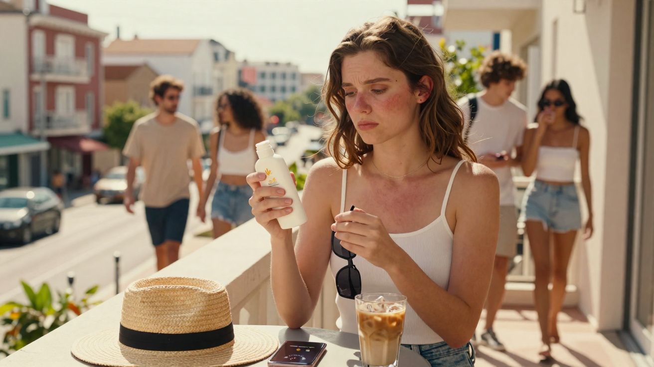 Mulher com vermelhidão na pele segurando protetor solar em varanda ensolarada com amigos ao fundo.