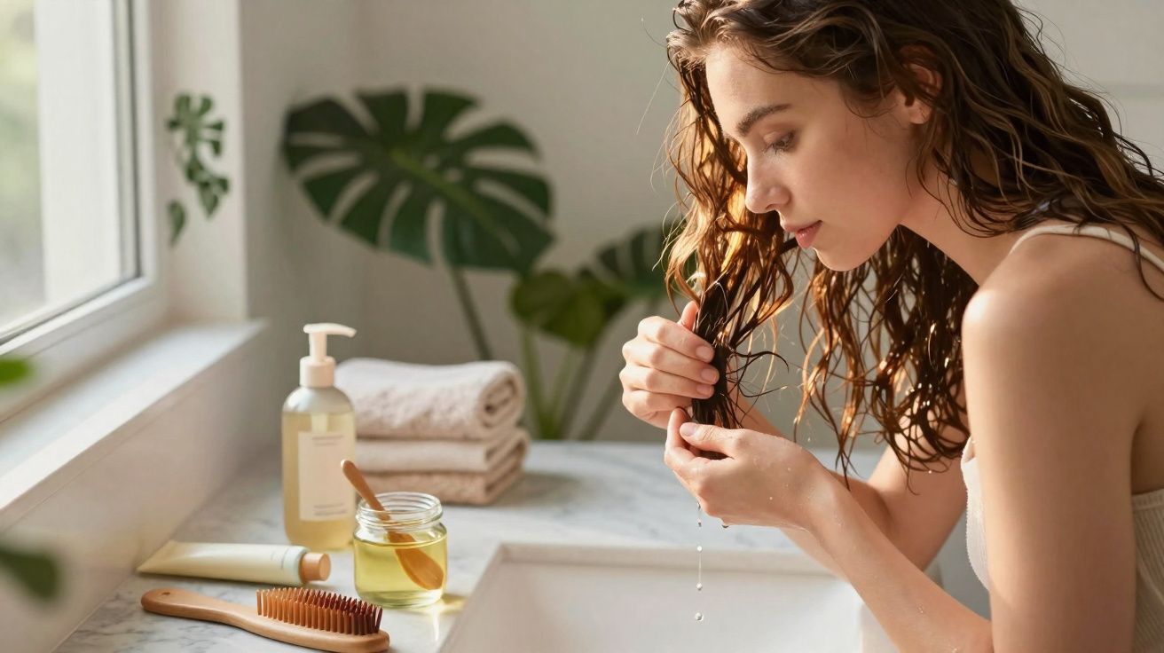 Mulher aplicando óleo nos cabelos molhados no banheiro com toalhas e produtos ao fundo.