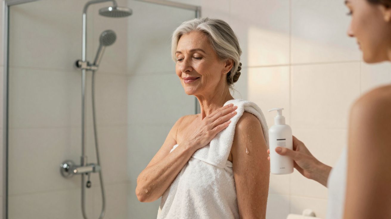 Mulher idosa sorrindo com toalha no ombro enquanto outra pessoa aplica hidratante em seu braço no banheiro.