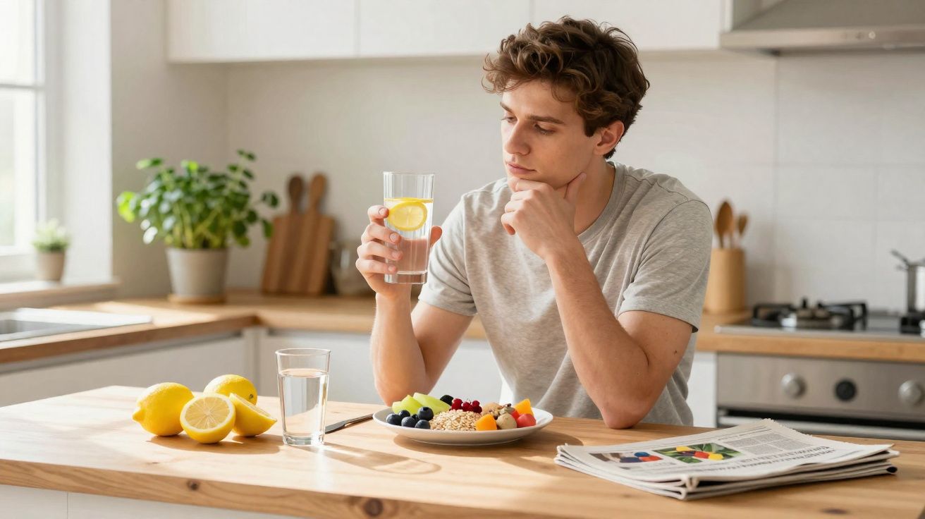 Homem sentado à mesa na cozinha com prato de frutas, copo de água com limão e jornais à sua frente.