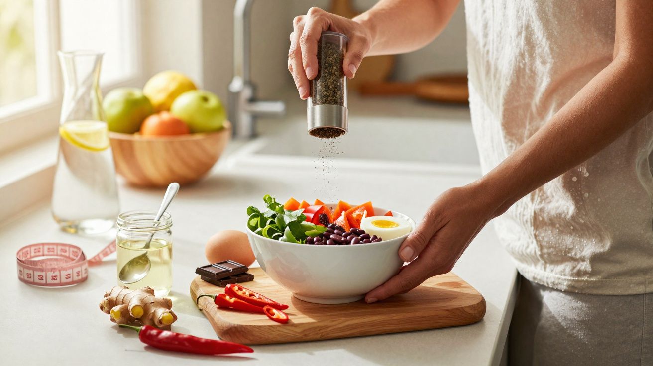 Pessoa temperando salada com legumes variados em cozinha iluminada e acessórios para preparo saudável.