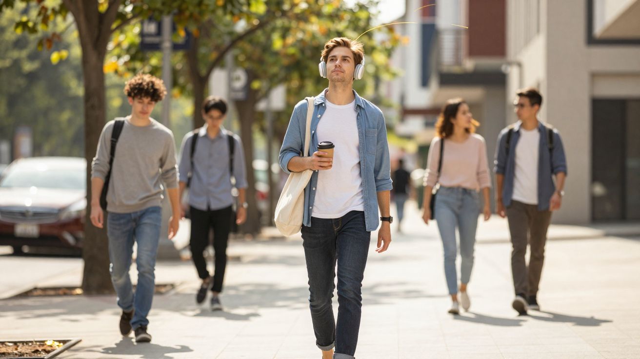 Jovem usando fones, com café e mochila, caminhando na rua com outras quatro pessoas ao fundo.