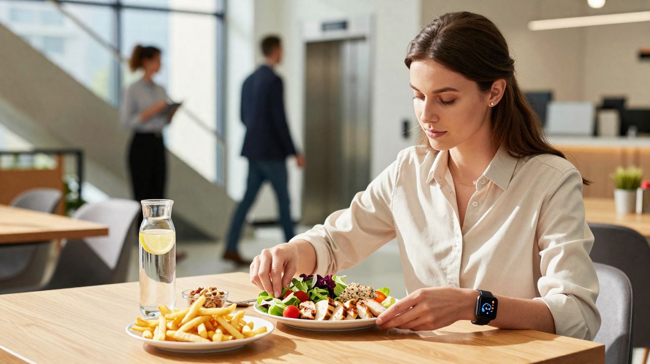 Mulher com relógio inteligente almoçando salada junto a batatas fritas e água com limão em ambiente corporativo.