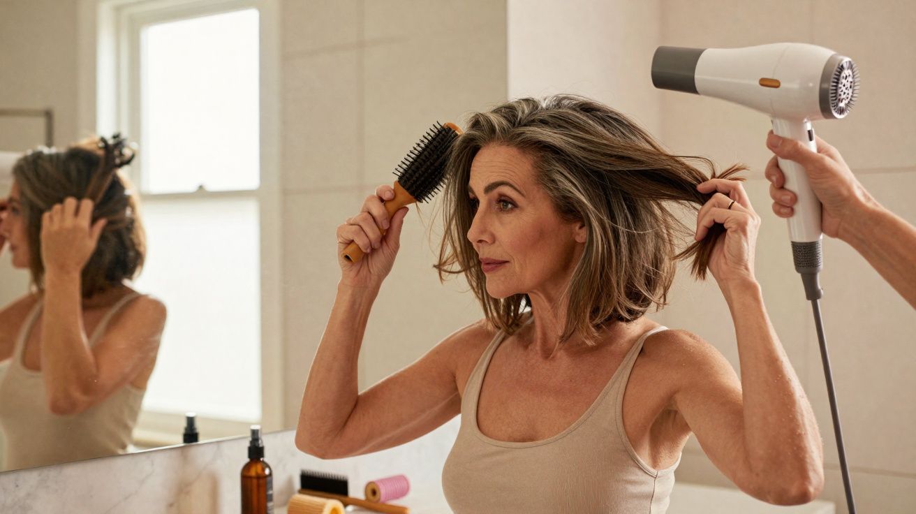 Mulher pentear cabelo enquanto é seco com secador na frente de espelho no banheiro.