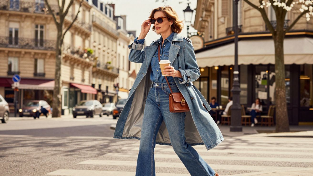 Mulher elegante de olhos escuros, casaco e calça jeans, segurando café, atravessando rua em cidade europeia.