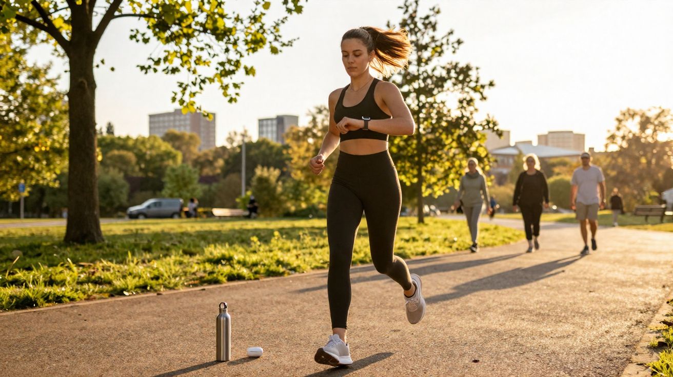 Mulher correndo em parque urbano ao pôr do sol, vestindo roupa esportiva preta e olhando relógio.