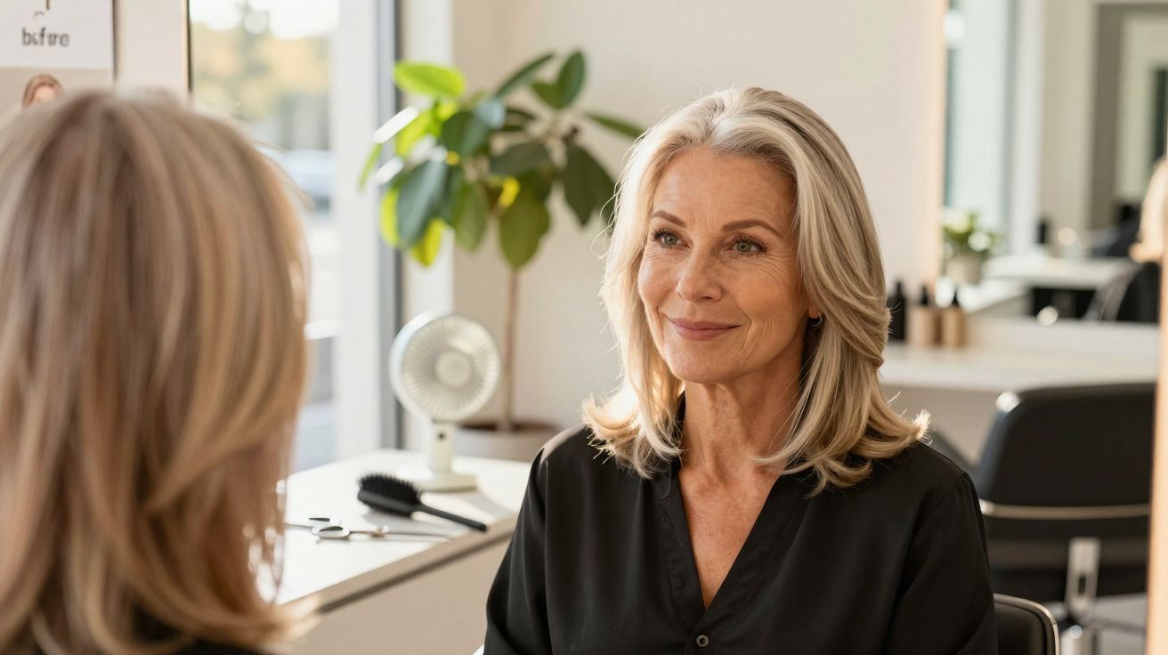 Mulher madura com cabelo grisalho sorrindo enquanto se olha no espelho em salão de beleza.