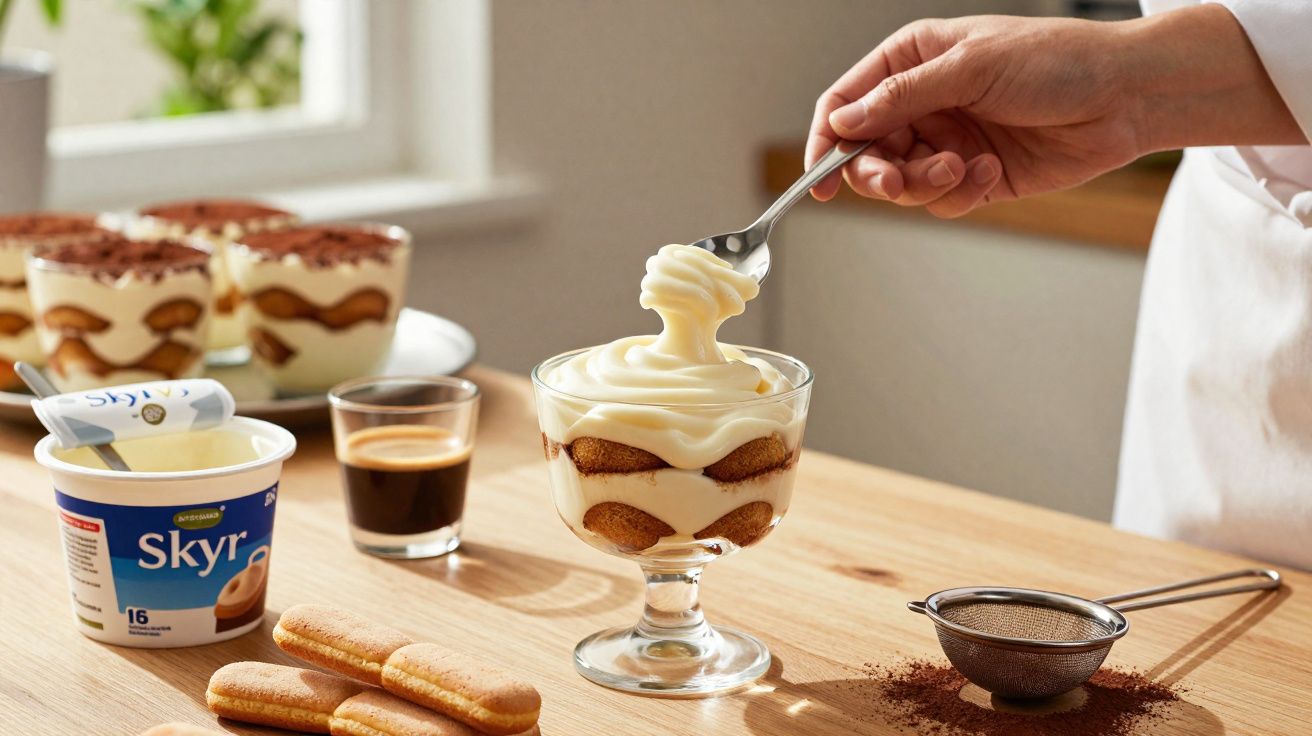 Mão colocando creme de iogurte em taça com sobremesa de biscoito, café e cacau em pó na mesa de madeira.