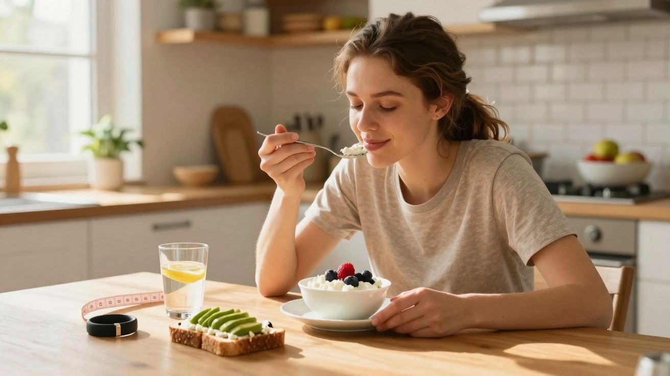 Mulher jovem comendo iogurte com frutas na cozinha, ao lado de torrada, copo d'água e fita métrica.