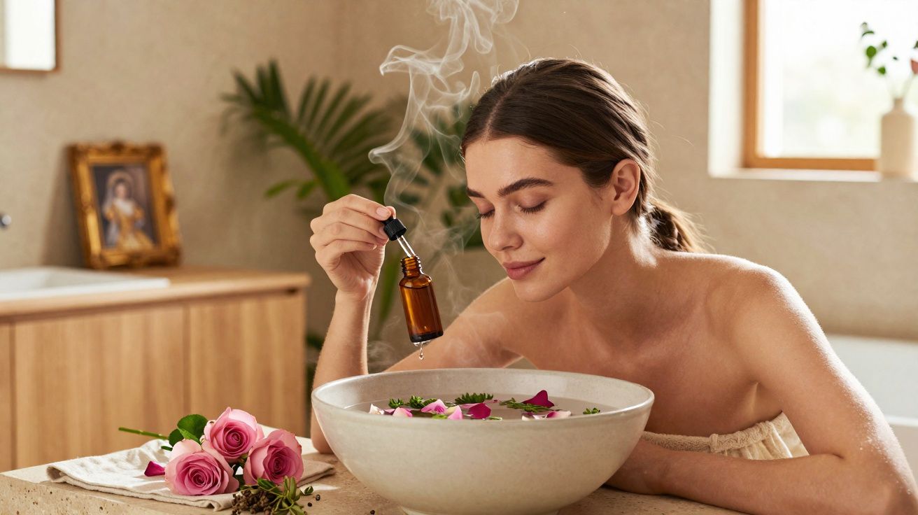 Mulher fazendo aromaterapia com óleo essencial e flores em ambiente relaxante e iluminado.