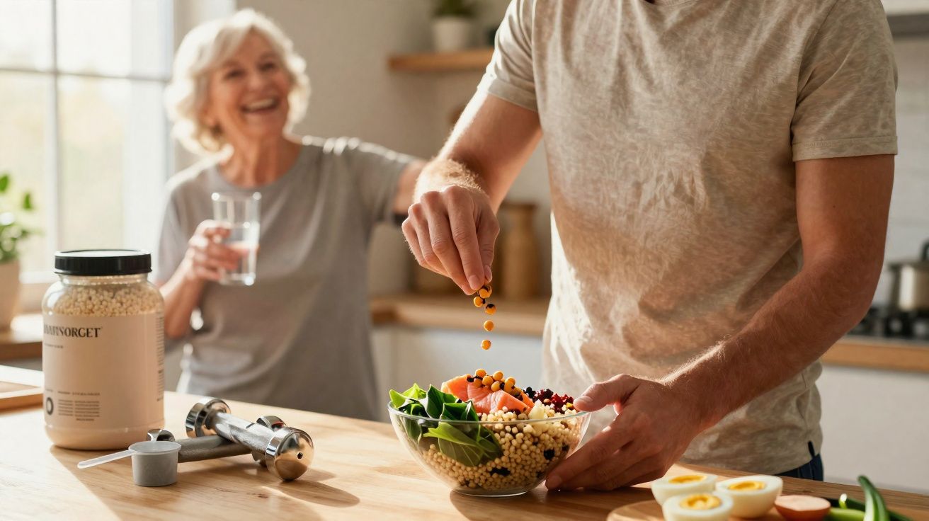 Homem tempera salada saudável enquanto mulher sorri segurando copo d'água na cozinha iluminada.