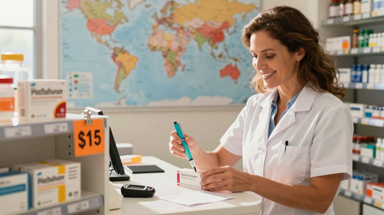 Mulher farmacêutica sorridente com jaleco branco organizando remédios na farmácia.