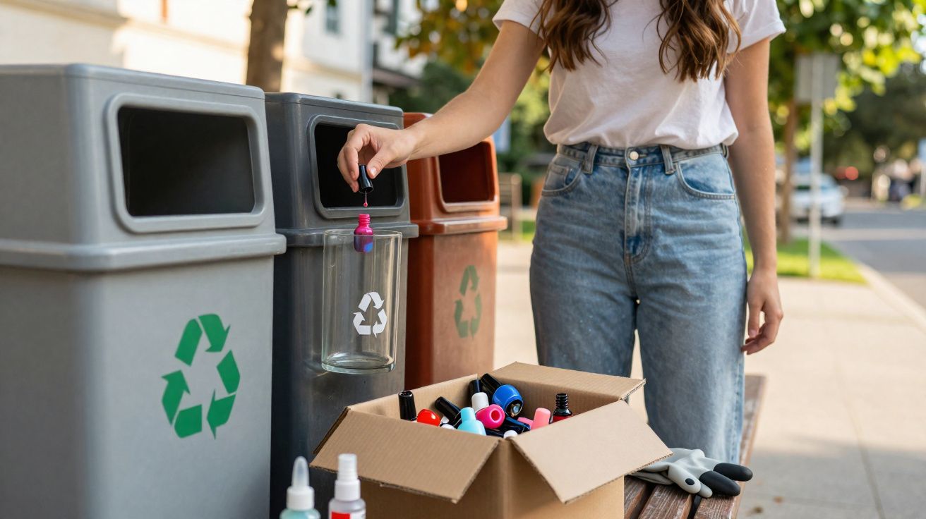 Mulher descartando esmalte em pote de vidro para reciclagem ao lado de lixeiras de coleta seletiva.