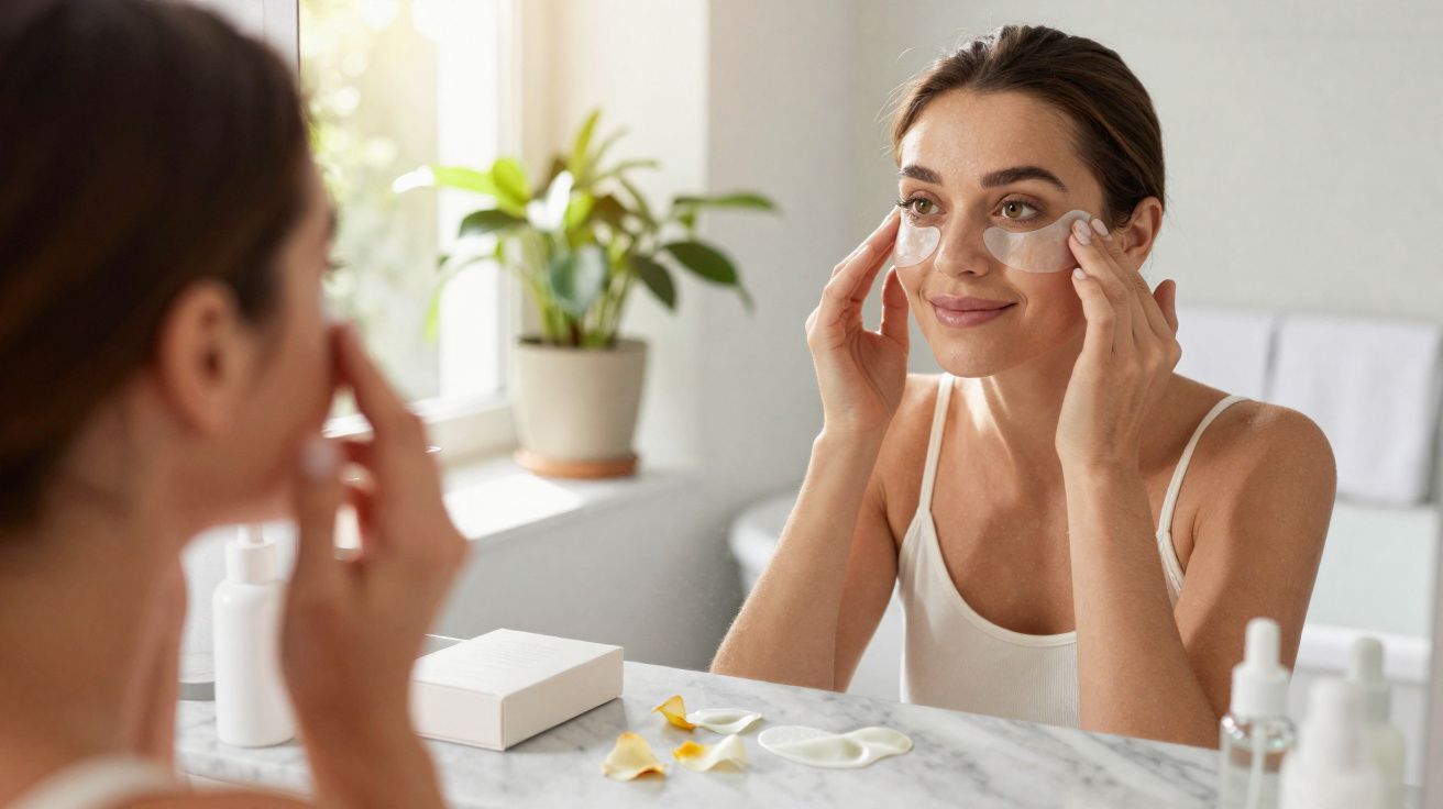 Mulher aplicando máscara hidratante sob os olhos em frente ao espelho em banheiro iluminado.