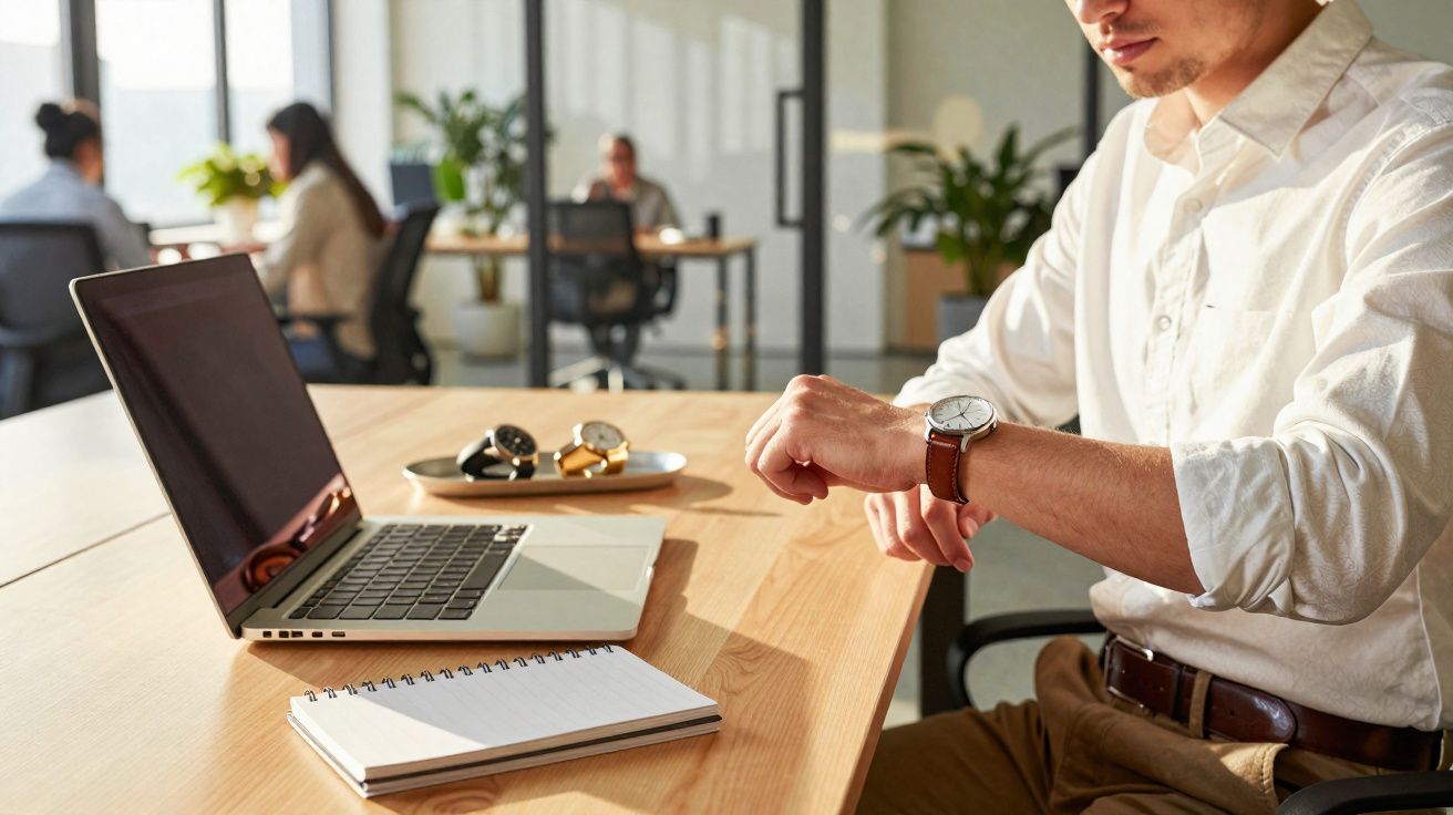 Pessoa em escritório olhando o relógio de pulso ao lado de notebook e caderno sobre mesa de madeira.