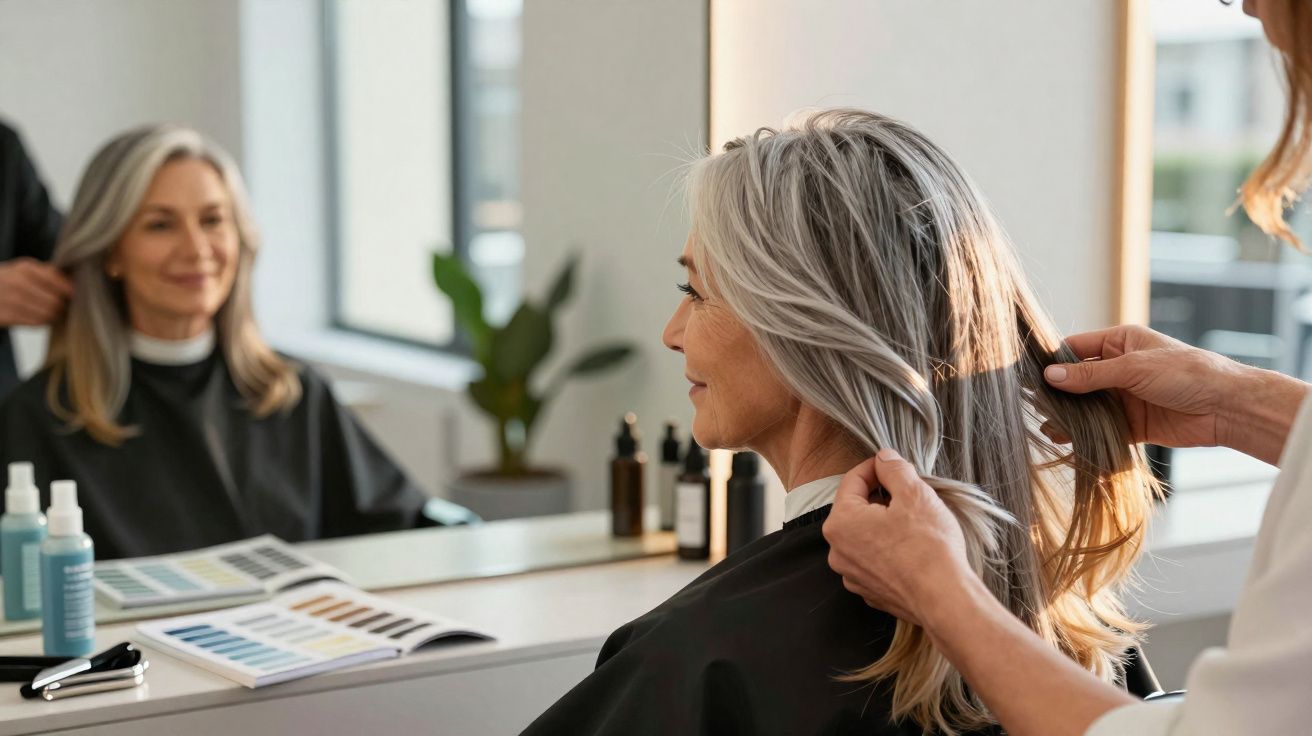 Mulher com cabelo grisalho sentada em salão de beleza enquanto cabeleireiro ajeita seus fios.