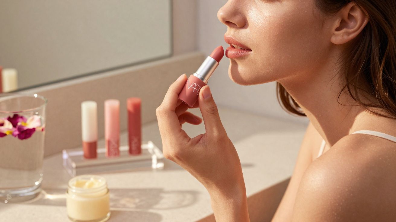 Mulher aplicando batom nude com kit de maquiagem e vasinho com água e flores no balcão.