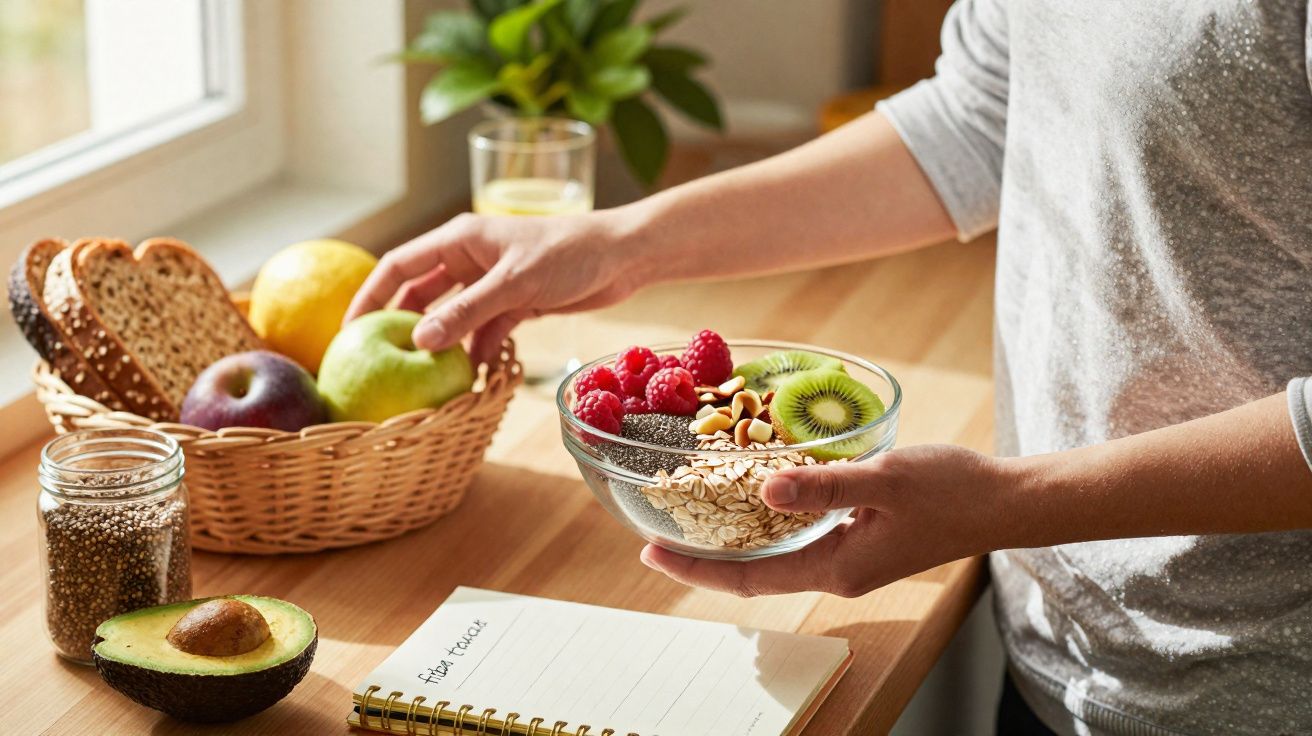 Pessoa segurando tigela com aveia, frutas e sementes ao lado de cesta com frutas e pão e caderno sobre mesa.