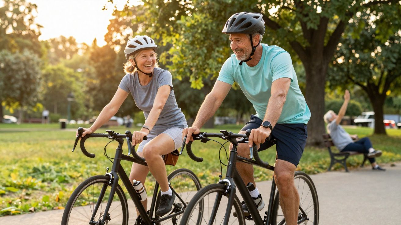 Casal sênior pedalando bicicletas em parque ao entardecer, ambos usando capacetes e sorrindo.